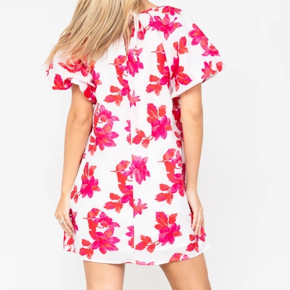 NEW pink fuscia floral jacquard bubble puff sleeve dress with bow back - Picture 8 of 13